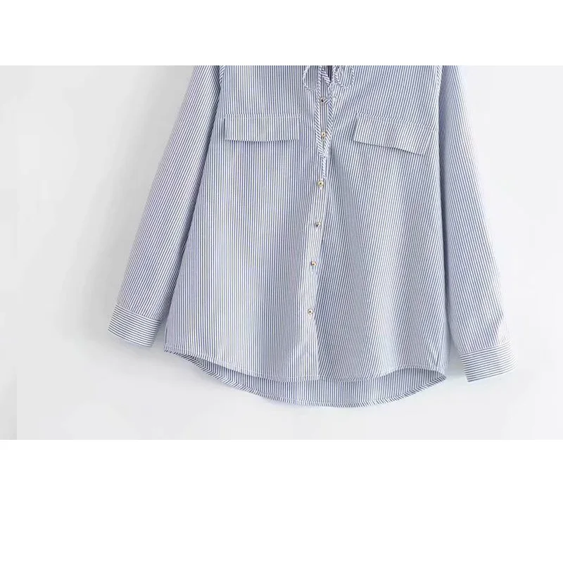 

Korean Version Striped Wearing Rope Long Sleeve Lapel Women's Shirt Wild Loose Pockets Single-breasted Harajuku Female Tops