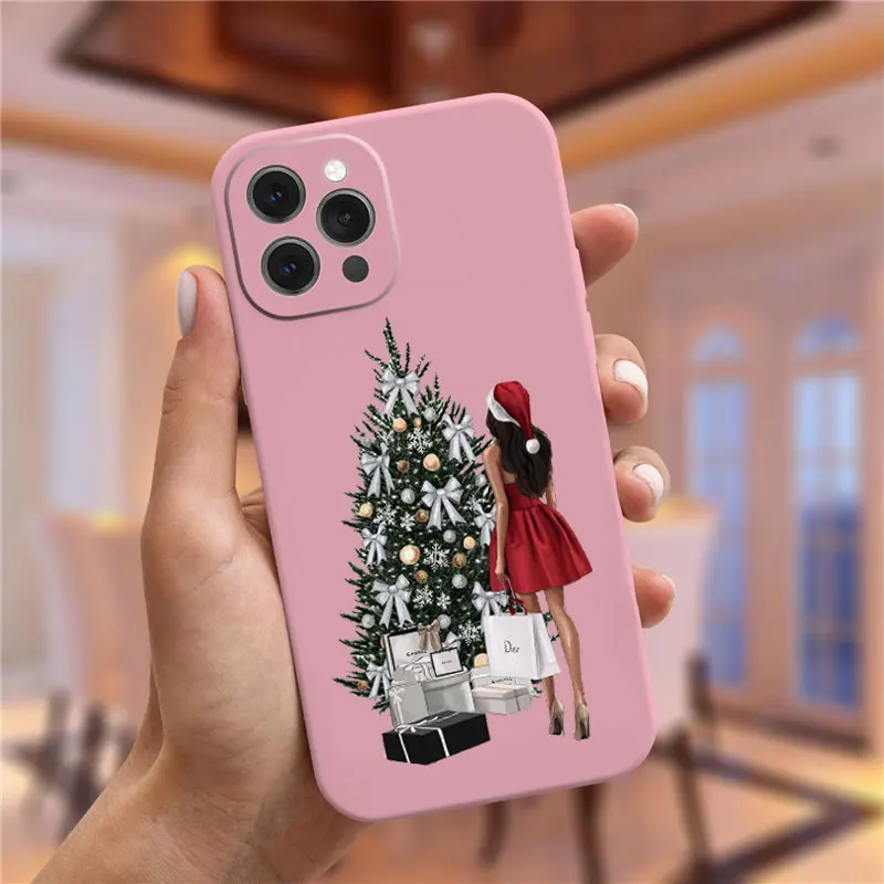 Christmas and New Year gift pink Phone Case For iPhone 14 Pro 13 11 Pro Max 12 mini XS Max XR 8 7 Plus fashion girl Cover Fundas