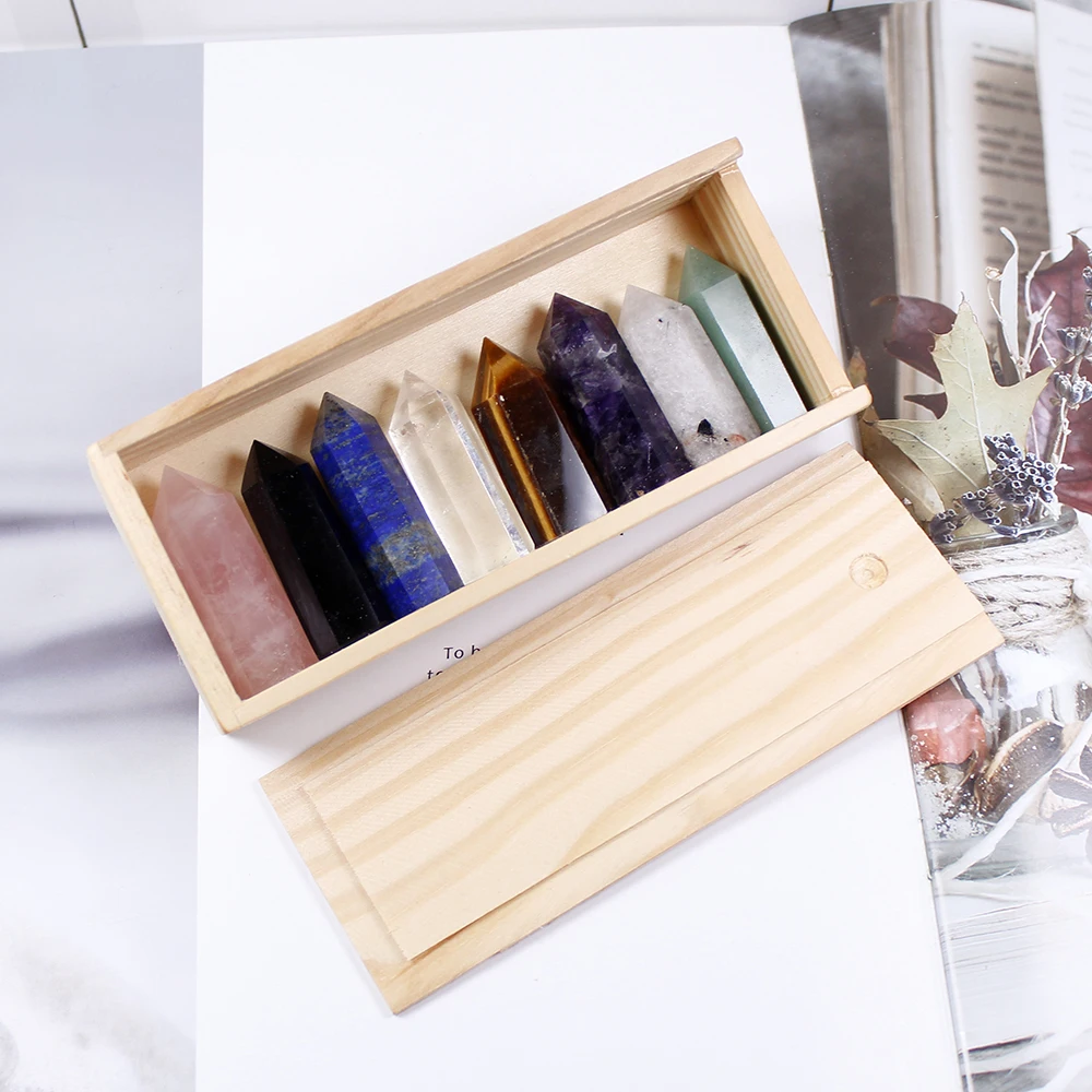 

8pcs/Set Wooden Gift Box Natural Hand Carved Crystal Points 7 Chakra Reiki Stone High Quality Decorative Quartz Pillar Healing