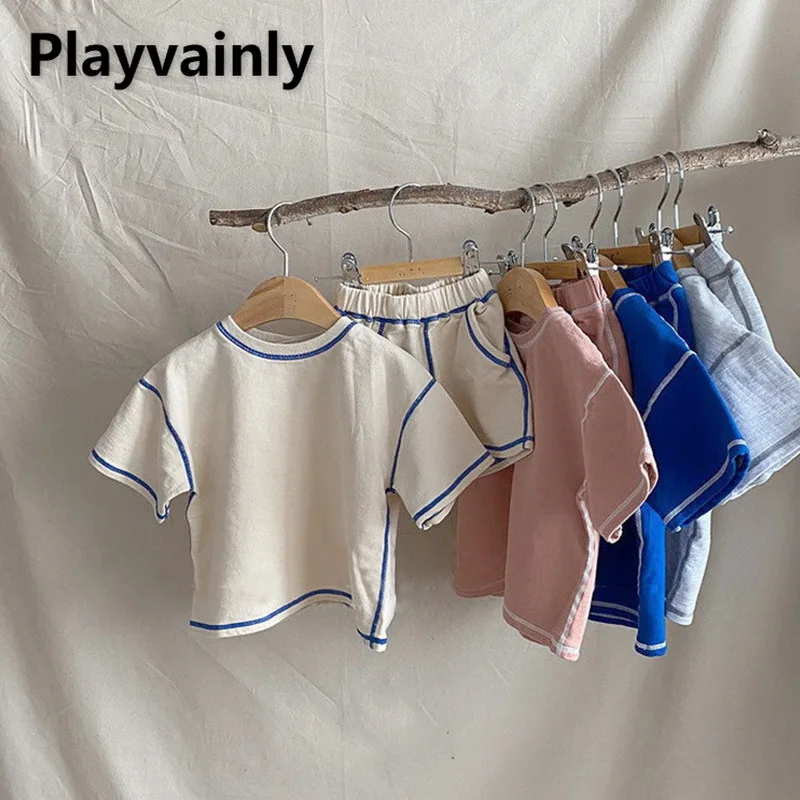 

Футболка с коротким рукавом и шорты для мальчиков и девочек, однотонные хлопковые комплекты одежды для отдыха, детская одежда, E100279, новинка ...