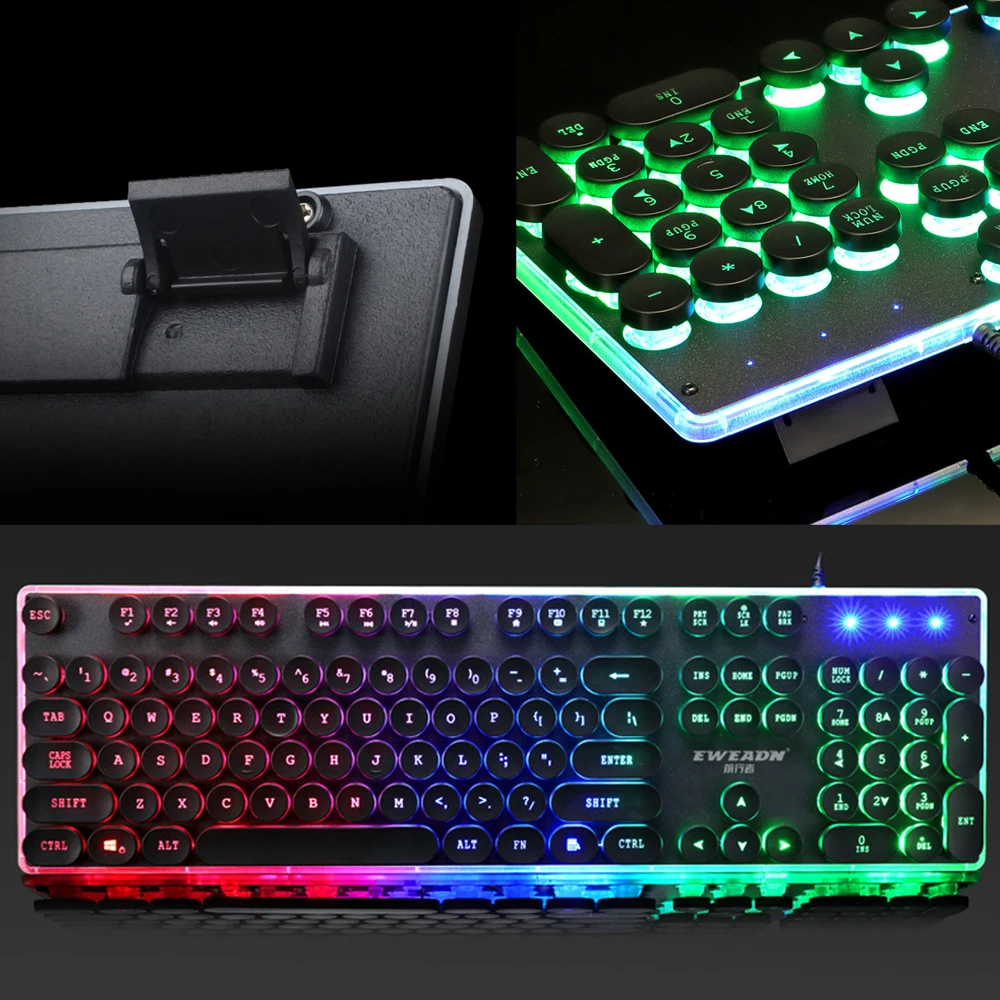 

Gaming Keyboard Retro Round Glowing Keycap Metal Panel Backlit USB Wired Metal Panel Illuminated Border Waterproof NEW Cool