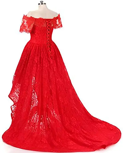 Fashion Boat-Neck High-Low Prom Dresses Vestidos de festa Half Sleeves Lace Design Special Occasion Celebrity Party Gown | Свадьбы и