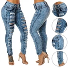 Женские сексуальные джинсы-карандаш с высокой талией, повседневные Синие рваные джинсовые брюки, женские длинные узкие джинсы