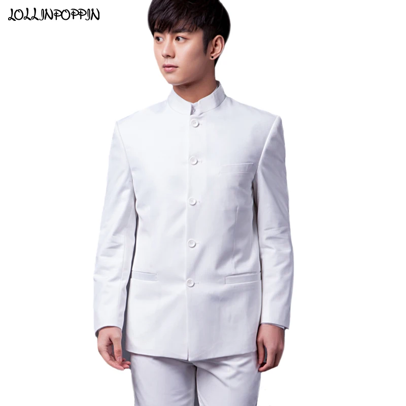 Men Chinese Style Suit Jacket and Pants Mandarin Collar Mens Suit Set Stand Collar Tunic Suits White / Black Mao Suit