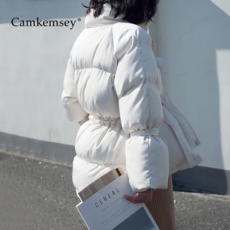 CamKemsey, толстые теплые зимние пальто для женщин,, корейские, отрегулируют талию, Модные Карманы, стоячий воротник, пуховые, хлопковые, мягкие зимние куртки