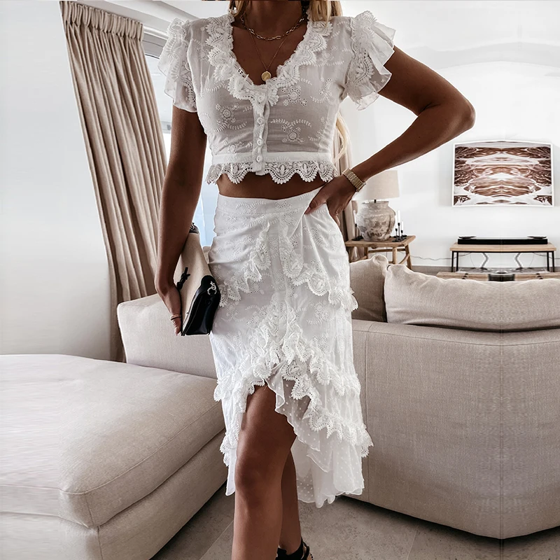 

Elegant White Lace Dress Sets for Women Crop Top Blouse Dress Two Pieces Suits Maxi Long Dress Robe Boho Midi Vestidos Mujer