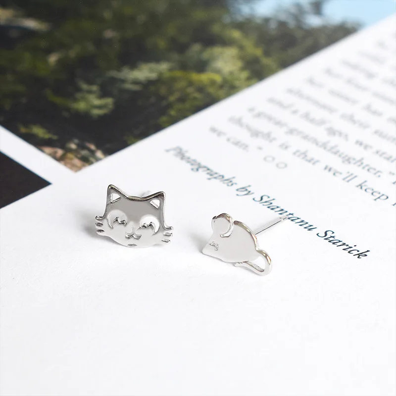ElfoPlataSi Genuine Fashion 925 Sterling Silver Sweet Asymmetric Cat Mouse Stud Earring For Women Fine Jewelry Gift DA500 | Украшения и