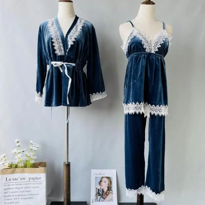 

Autumn Winter 3PCS Sleepwear Women Velour Robe Suit Lace Trim Kimono Gown Velvet V-neck Sleep Set Female Pijamas Suit