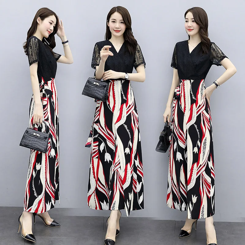 Женский комбинезон с кружевным верхом длинный цветочным принтом и разрезом лето