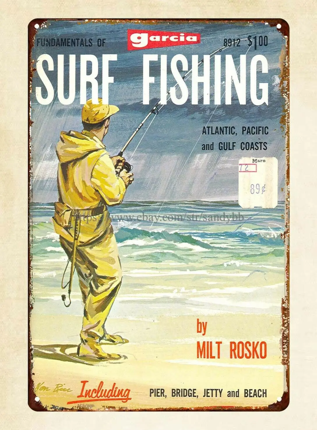 

country home decor Garcia 1968 book cover Surf Fish metal tin sign