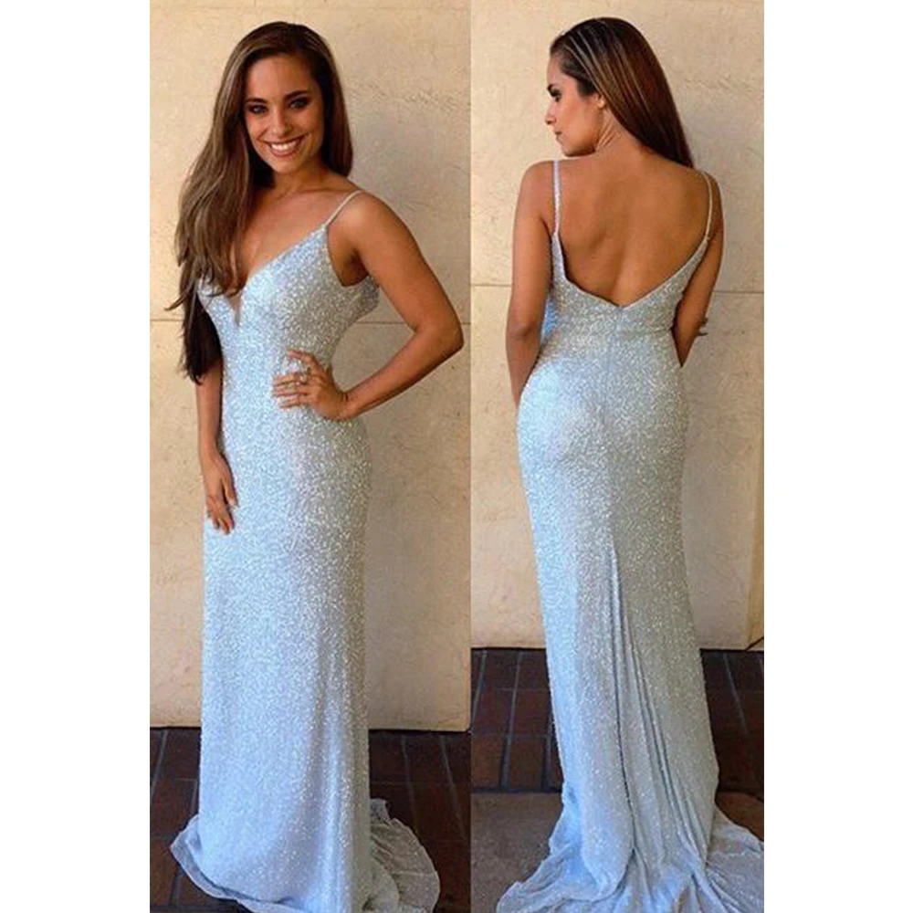 

Sequin Sleeveless Evening Dresses Long Luxury 2021 V-Neck Mermaid Backless Spaghetti Strap Prom Dress Elegant robes de soire