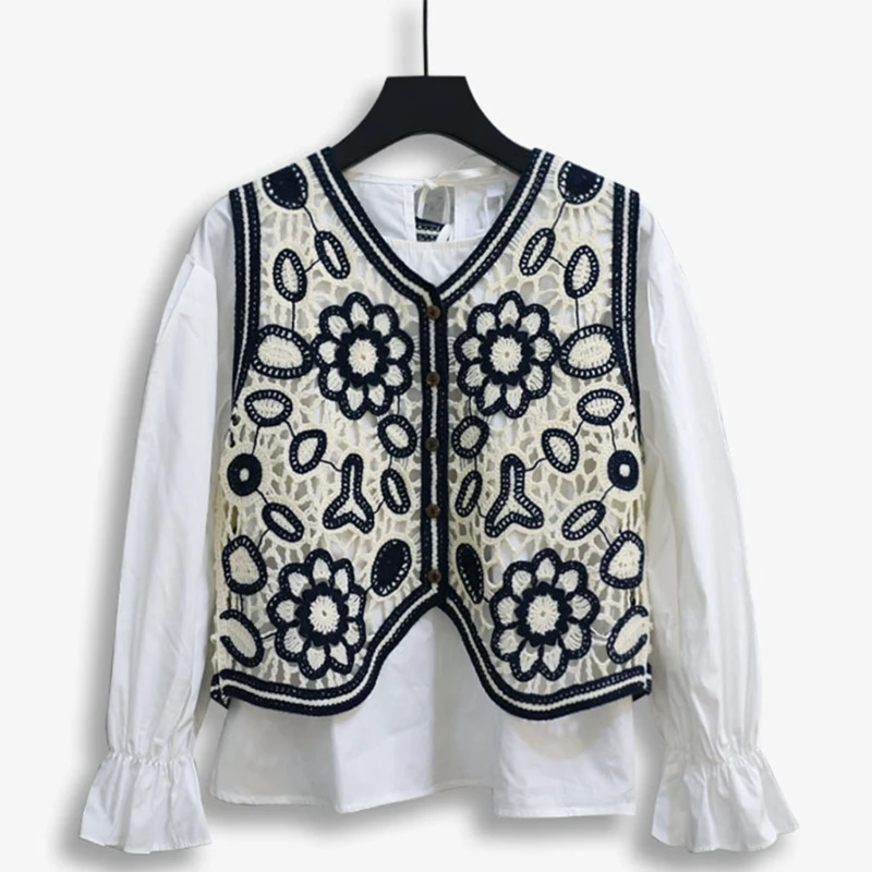 Женский винтажный укороченный топ с вырезами жилет цветочной вышивкой куртка