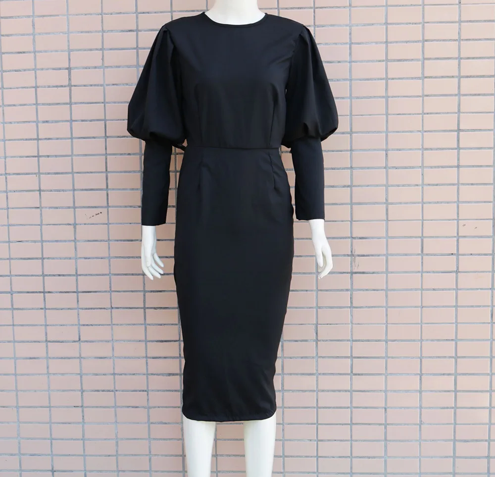 

Lady Puff Sleeve Slit Dress Women Sexy Backless Long Sleeve Black Dress 2020 Spring Elegant Party Dress Vestidos