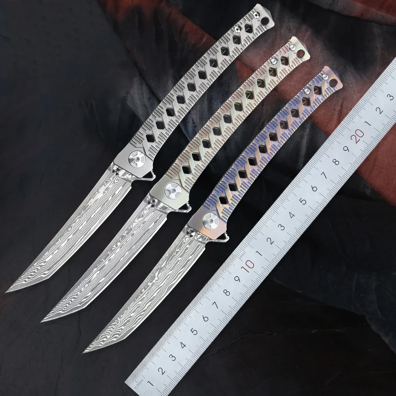 

Damascus steel blade titanium alloy handle tactical folding knife outdoor survival knife self-defense fruit knife tool knife