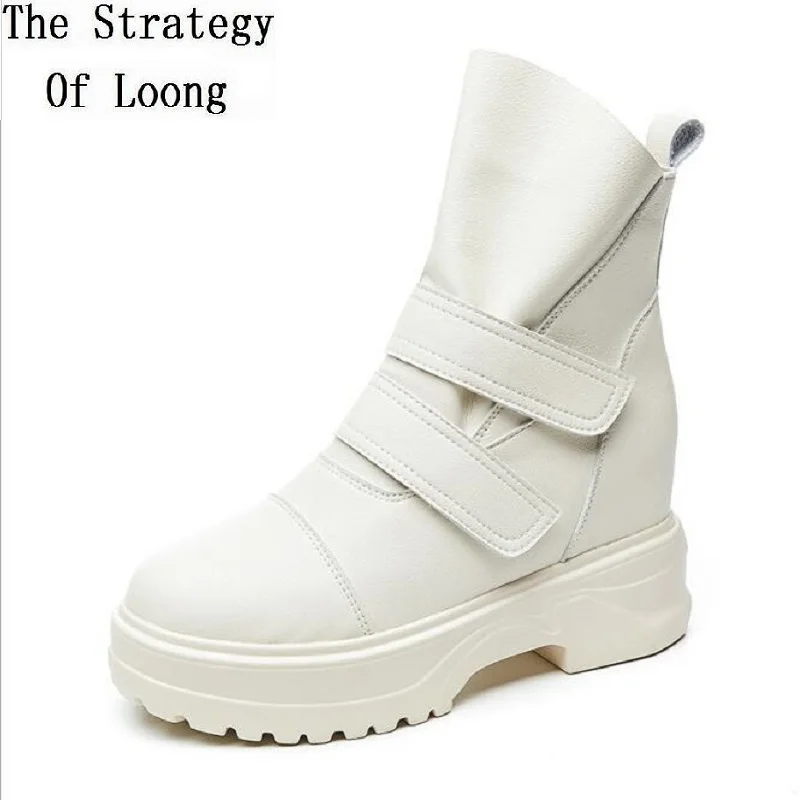 Женские полусапожки из натуральной кожи на платформе и липучке увеличивающие