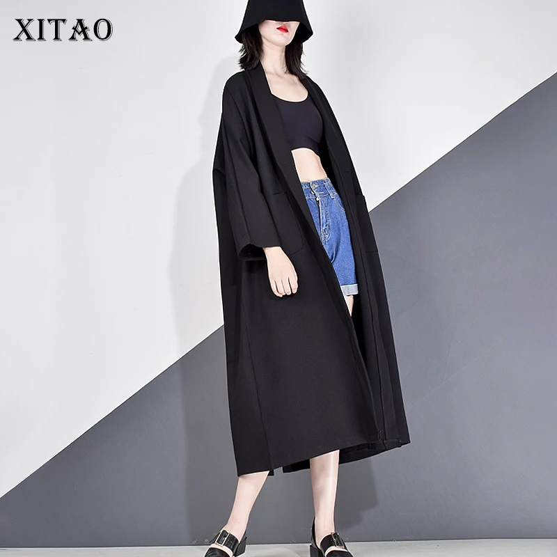 

XITAO Split Back Streetwear Style Trench Women 2020 Autumn Tide Fashion New Open Stitch Pocket Nine Quarter Sleeve Coat GCC3958
