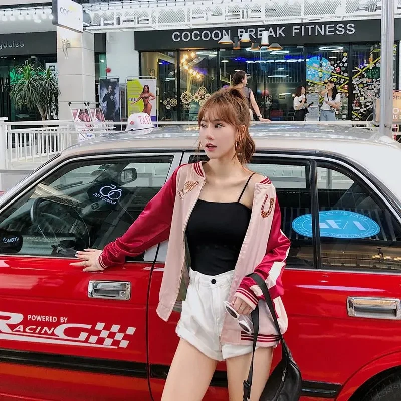 

Chic Embroidery two Side Wear Bomber Jacket Women Fashion Street Color Patchwork Coat Ladies Korean style Harajuku Zip-up jackte