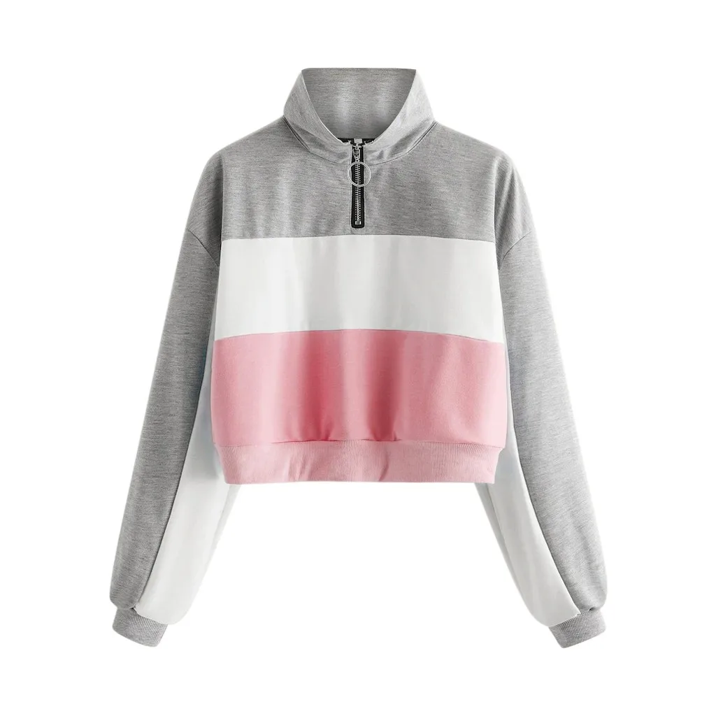 Толстовка Женская водолазка с длинным рукавом О-кольцо молния цветной блок Топ