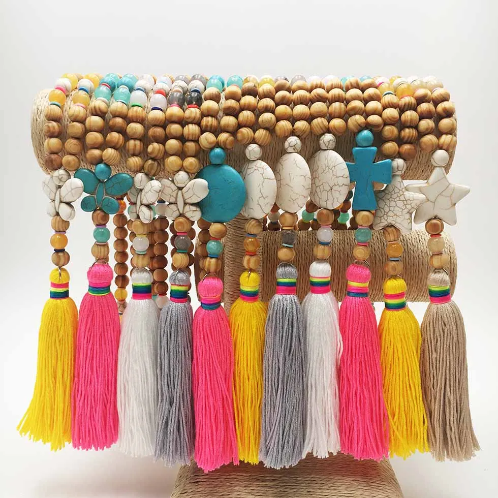 Новый длинный Красочный кулон с кисточкой ожерелье многоскоростные деревянные