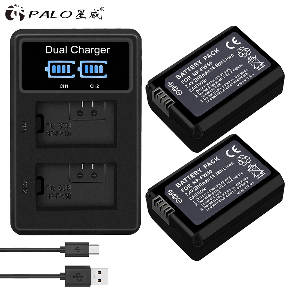 Palo 2 шт. NP-FW50 NP FW50 батарея для камеры+ ЖК USB двойное зарядное устройство для sony Alpha a6500 a6300 a6000 a5000 a3000 NEX-3 a7R