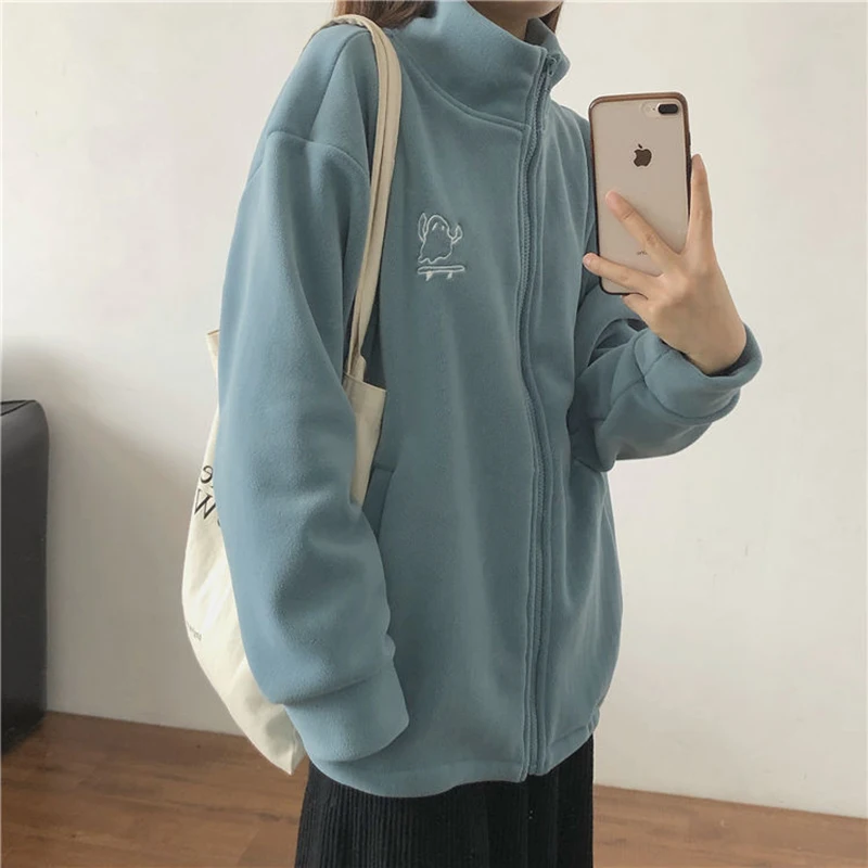 

Casual Fleece Thick Hoodies Jacket Autumn Winter Korean Fashion Loose Stand Collar Plush Zipper Sweatshirt Outwear Women Hoodies