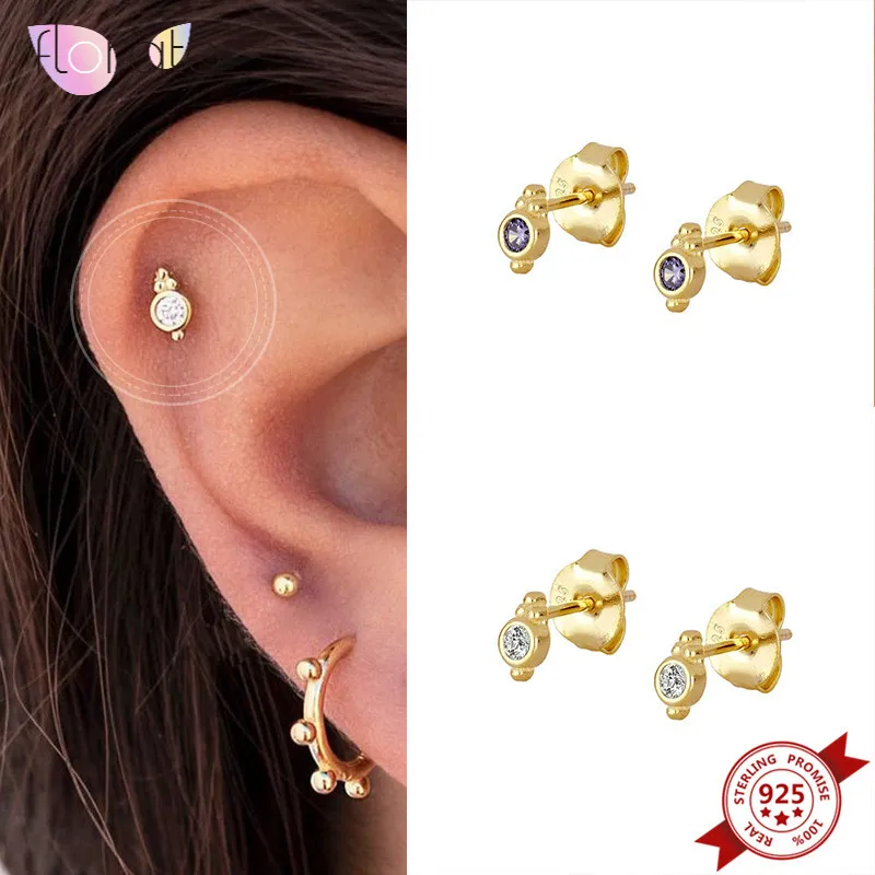 

925 Sterling Silver Ear Needle Crystal Stud Earrings for Women Simple Purple Zircon Tiny Geometry Earrings Office Jewelry
