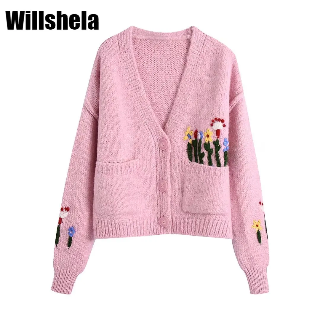 

Willshela Women Fashion Floral Jacquard Knit Cardigan Long Sleeves V-neck Front Patch Pockets Chic Lady Casual Knitted Jacket