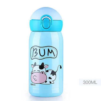 Bpa-free 300 мл детская питьевая 304 нержавеющая сталь соломы термос чашка портативный веревка мини вакуумная колба мультфильм чай бутылка для воды - Цвет: blue-300ml