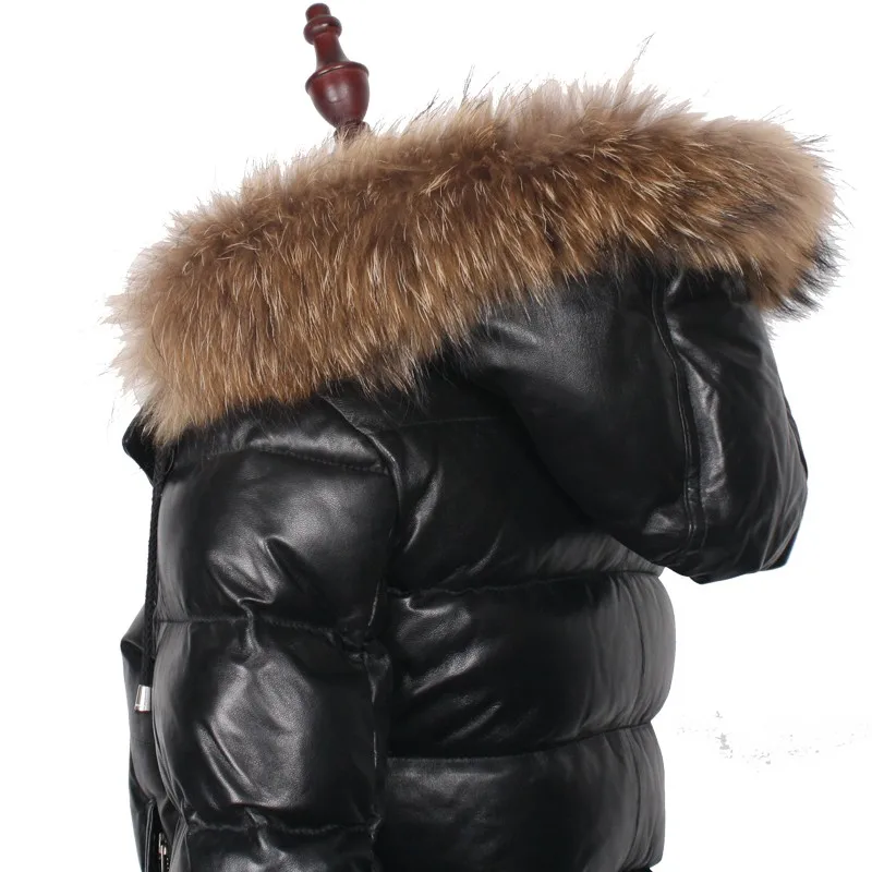 

Mens Luxury Winter White Duck Down Jacket Padded Sheepskin Genuine Leather Bomber Jacket Raccoon Fur Collar Hoody Warm Coat