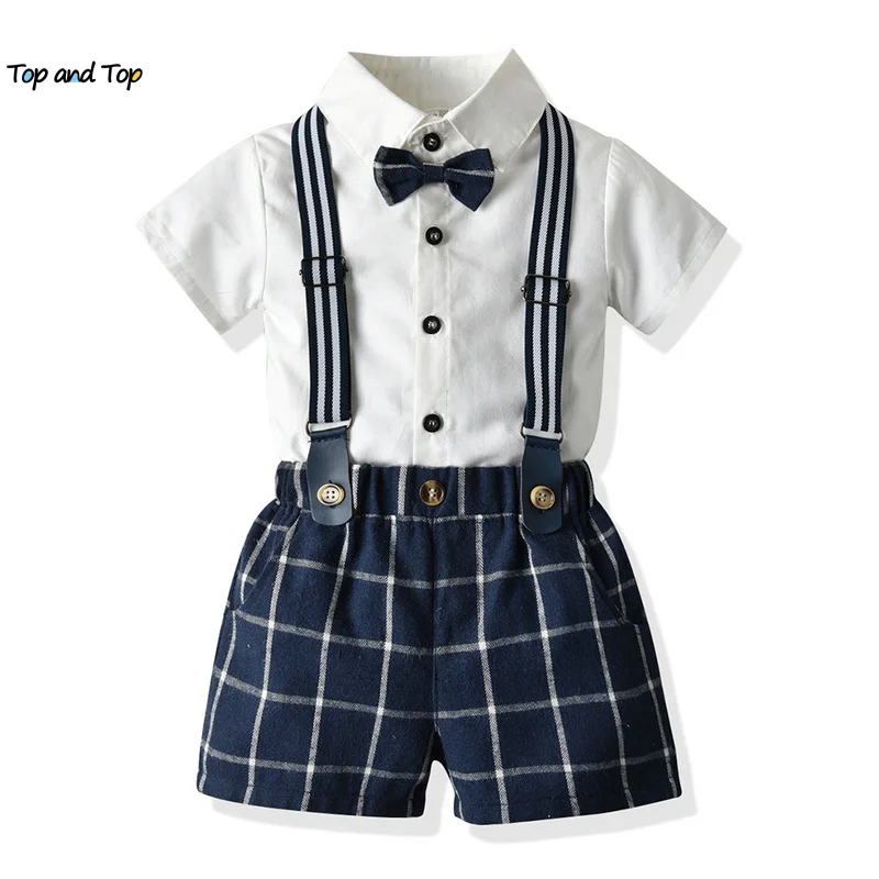top and Toddler Boys Summer Outfits Short Sleeve Bowtie Shirts Tops+Overalls 2PCS Suit Kids Little Boy Gentleman Clothes Set |