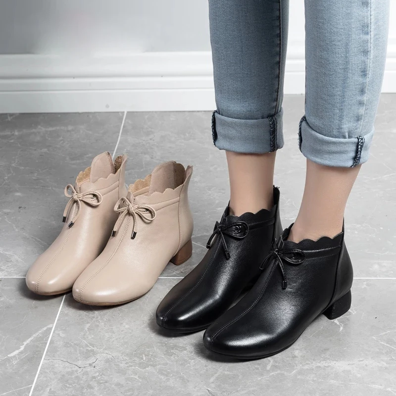 

BEYARNE2020 Leather Women's Boots Winter Black Plus Velvet Thick Warm Women's Shoes Thick Med Heel Ankle Boots Women Size 40