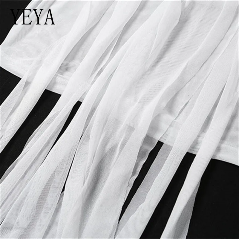 

YEYA Ribbons Mesh See Through Bodycon Party Summer Dresses Women Sexy Clubwear Solid Full Sleeve Mini Skirt Female Hot Clothing