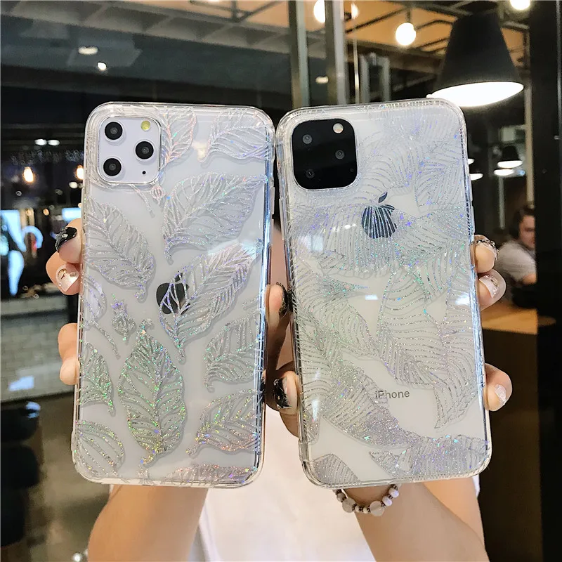 Прозрачный чехол с блестящими листьями для iPhone 12 11 Pro X XS Max XR 6 6S 8 7 Plus прозрачная