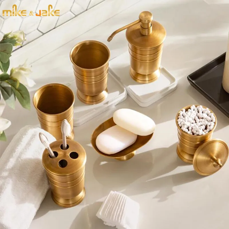 

American style copper brass bathroom set toiletries set toothbrush cup holder mouthwash cup antique brass bottle desk soap box