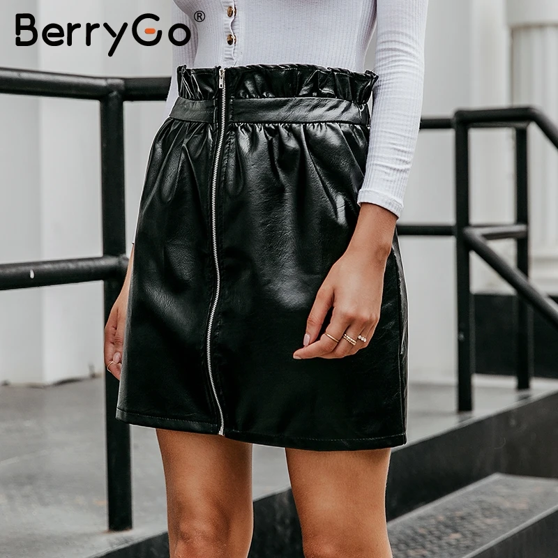 BerryGo гофрированная Женская юбка из искусственной кожи пикантные черные женские