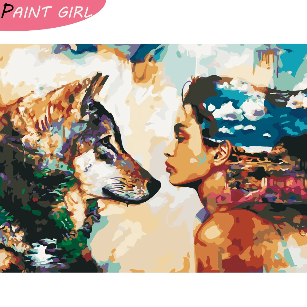 painting by numbers Animal Drawing On Canvas HandPainted Art Gift DIY Picture Paint By Number Wolf And Girl Kits Home Decoration | Дом и сад