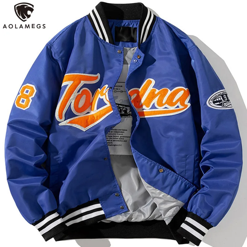 

Aolamegs Men's Jackets Letter Embroidery Baseball Varsity Jacket Hip Hop Bomber Coat Casual Couple Windbreaker Spring Streetwear