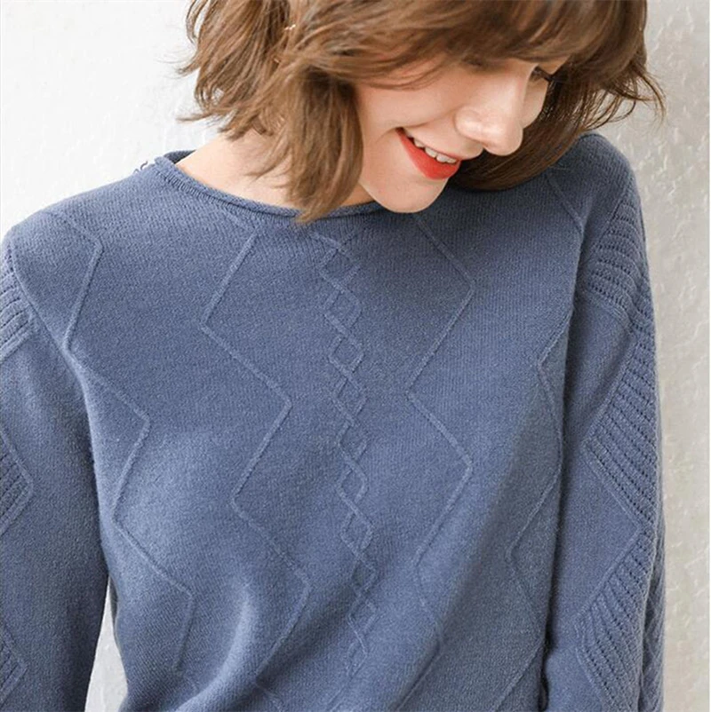 GCAROL New Women O Neck Curled Rhombic Sweater Fall Winter 30% Wool Cashmere Thick Jumper Stretch Warm OL Knitted Pullover S-3XL