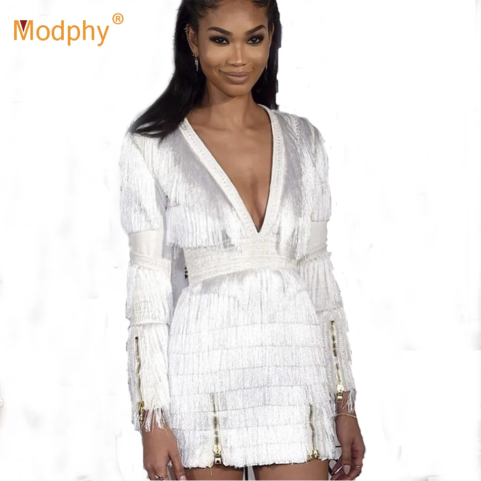 Женское платье с бахромой Белое Облегающее мини длинным рукавом и Клубное