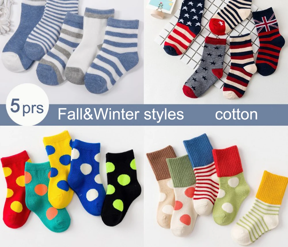 

Kids Cotton Socks Children Autumn Winter Girls Polka Dots Toddlers Boys Sport Strips Footwear 5 Pairs Cheap SandQ Baby New