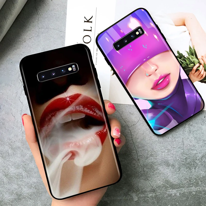 Black TPU Soft Cover Beauty Red Lips for Samsung Galaxy S20 Ultra S10 S10e FE 5G S9 S8 S7 S6 Edge Plus Lite Phone Case