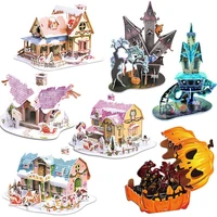 3d diy puzzle christmas halloween gift pumpkin light house castle construction paper model children assembling toys