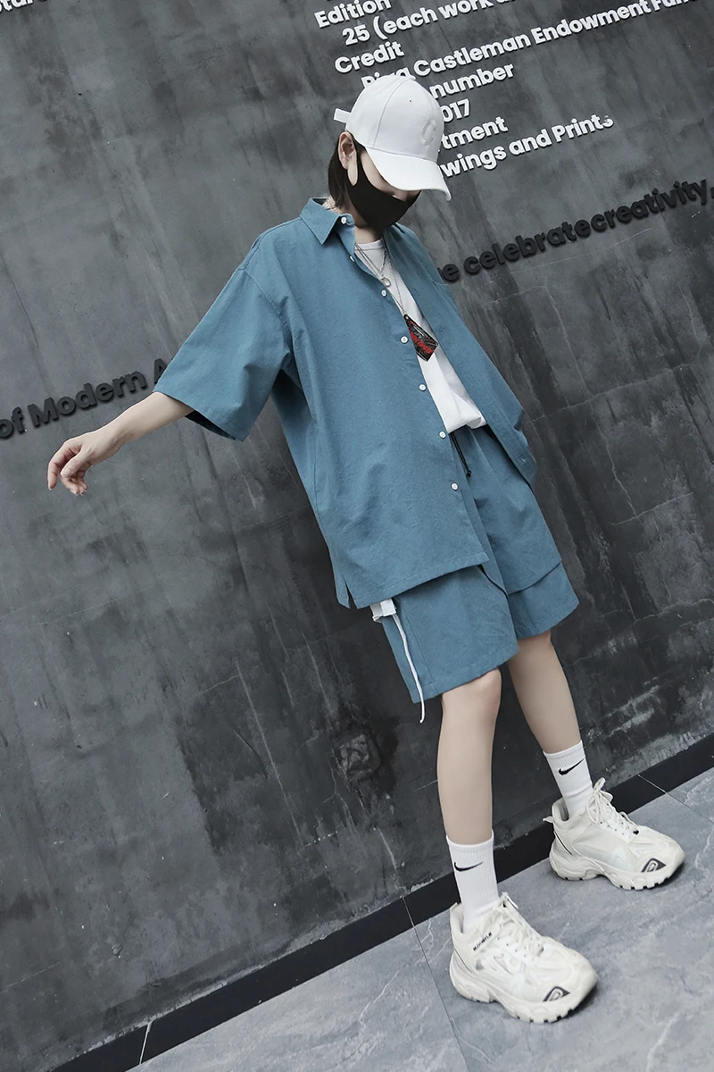 

2021 summer new street fashion brand suit women loose bf style shirt short sleeve shorts two-piece style women