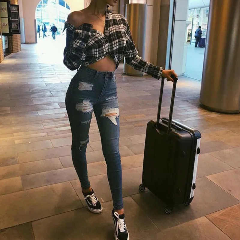 

New Women Holes Ripped Jeans Pencil Pants Fashion High Waist Skinny Slim Fitness Stretch Denim Trousers Distressed Streetwear