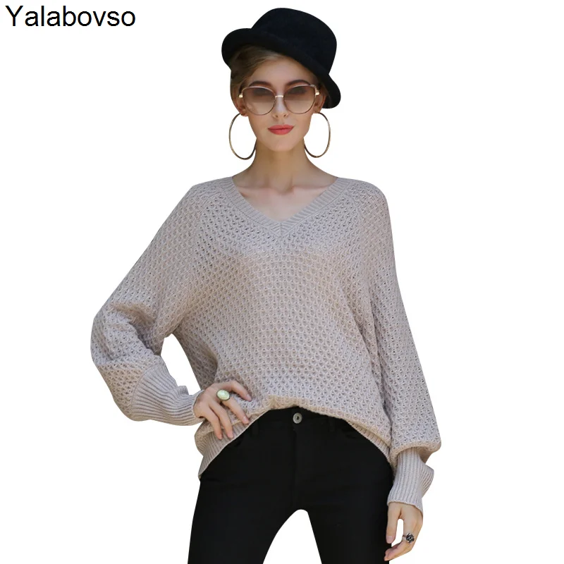 

V-neck Knitted Sweater 2020 Women's Loose Women's Knitted Sweaters Female Long Sleeves Office Lady Gray Khaki Color Pullovers