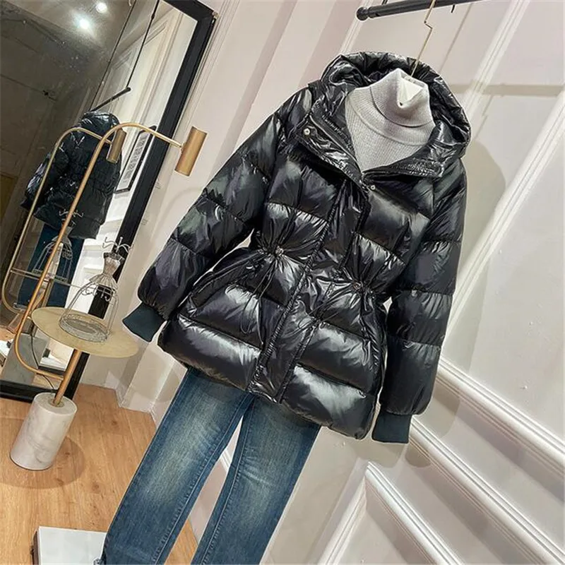 Новые женские парки глянцевая ткань шнурок с капюшоном пуховик пальто | Женская