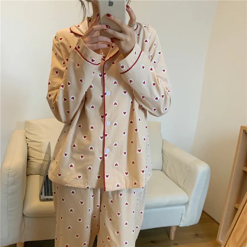 

women homewear suit 3 color love heart print pajamas set lapel collar shirt sleepwear pant pijamas 2 piece set home clothes