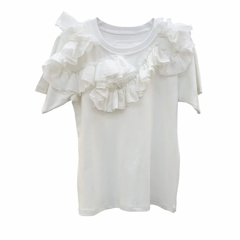 

Tshirt Woman 2021 Summer Korean Style Loose Crew Neck Top Fashion Ruffled Stitching Solid Color Casual Short Sleeve T-shirts