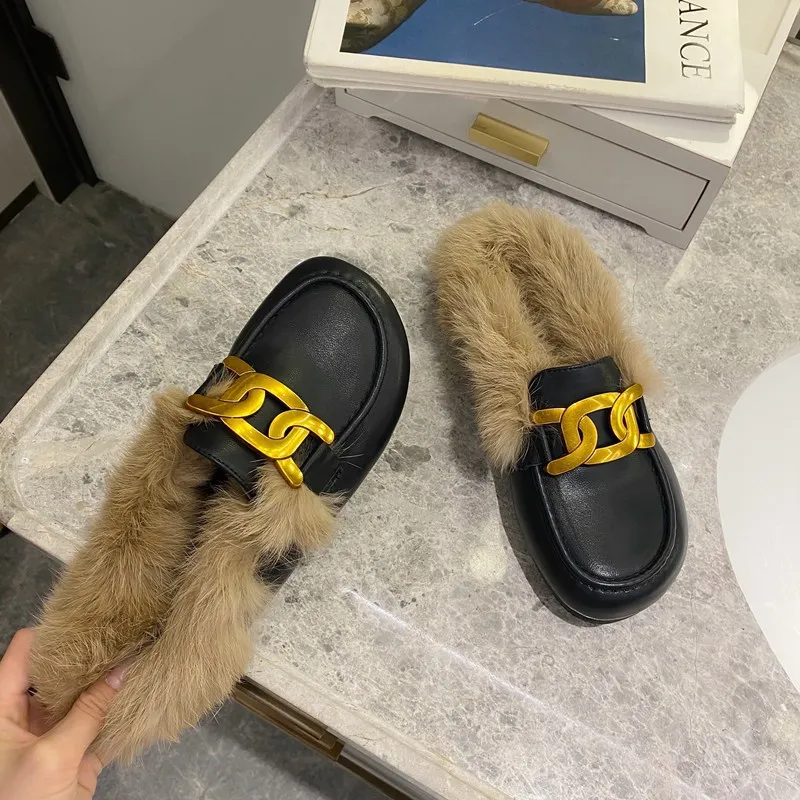 

Flat Shoes Female Loafers Flock Slippers Casual Slides Fur Flip Flops Mules For Women 2021 Pantofle Cover Toe Low Shallow Luxury