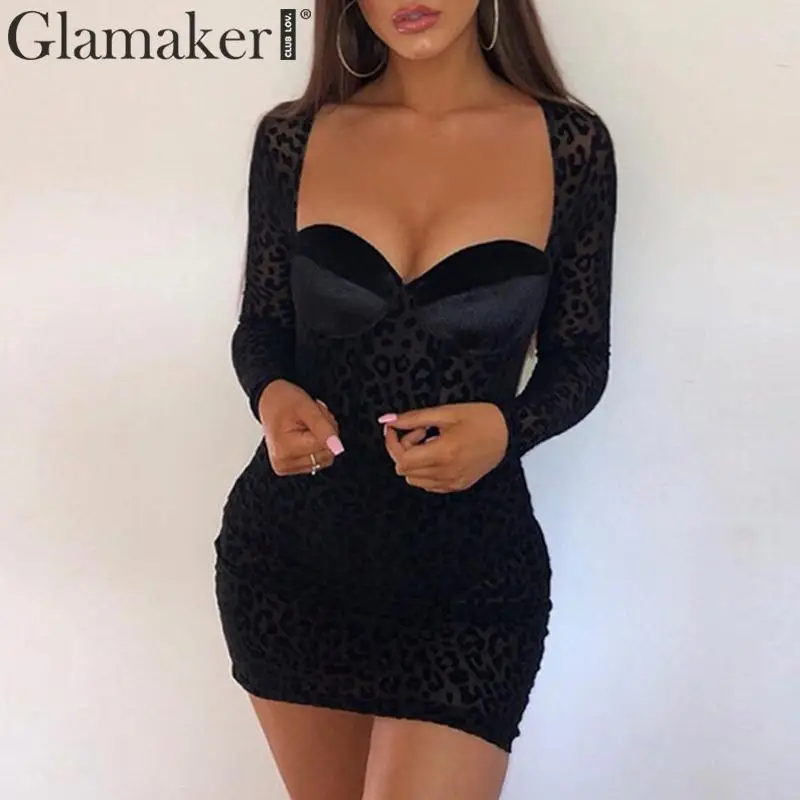 Glamaker сексуальное Сетчатое лоскутное черное платье с животным принтом женское